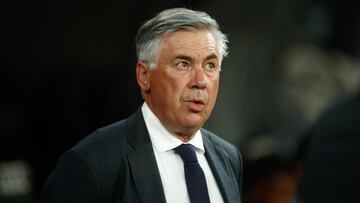 Carlo Ancelotti, coach of Real Madrid, looks on during the spanish league, La Liga Santander, football match played between Real Madrid and Celta de Vigo at Santiago Bernabeu stadium on September 12, 2021, in Madrid, Spain.
 AFP7 
 12/09/2021 ONLY FOR USE