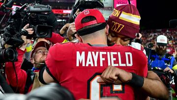 El QB Jayden Daniels lanzó para 268 yardas y dos touchdowns; se convirtió en el tercer mariscal de campo novato en tres años en ganar un juego de playoffs (CJ Stroud y Brock Purdy). Julio Aguilar/Getty Images/AFP (Photo by Julio Aguilar / GETTY IMAGES NORTH AMERICA / Getty Images via AFP)