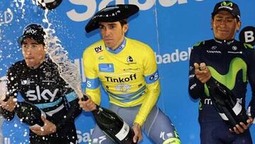Alberto Contador celebra su triunfo en la general de la Vuelta al Pa&iacute;s Vasco.