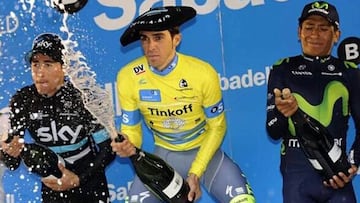 Alberto Contador celebra su triunfo en la general de la Vuelta al Pa&iacute;s Vasco.