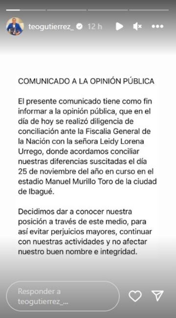 Comunicado de Teófilo Gutiérrez.