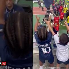 Watch the look on Kim Kardashian’s son’s face as he catches Neymar’s jersey