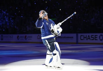 Jun 30, 2021; Tampa, Florida, USA; Tampa Bay Lightning goaltender Andrei Vasilevskiy (88) celebrates after defeating the Montreal Canadiens in game two of the 2021 Stanley Cup Final at Amalie Arena. Mandatory Credit: Kim Klement-USA TODAY Sports