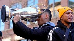 Dec 12, 2023; Columbus, OH, USA; Columbus Crew forward Christian Ramirez (17) drinks from the Philip F. Anschutz Trophy during a parade celebrating their 2023 MLS Cup victory. Mandatory Credit: Adam Cairns-USA TODAY Sports