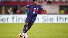 Aurelien Tchouameni of France runs with the ball during the UEFA Nations League League A Group 1 match between Austria and France at Ernst Happel Stadion.