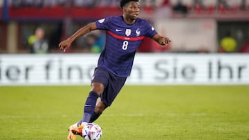 Aurelien Tchouameni of France runs with the ball during the UEFA Nations League League A Group 1 match between Austria and France at Ernst Happel Stadion.