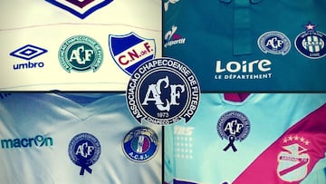 Camisetas de Nacional, Saint Étienne, Audax y Arsenal de Sarandí con el escudo de Chapecoense.