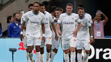 Marseille (France), 12/08/2023.- Vitinha of Olympique Marseille (C) celebrates a goal with his teammates during the Ligue 1 match between Olympique Marseille and Stade Reims in Marseille, southern France, 12 August 2023. (Francia, Marsella) EFE/EPA/Guillaume Horcajuelo