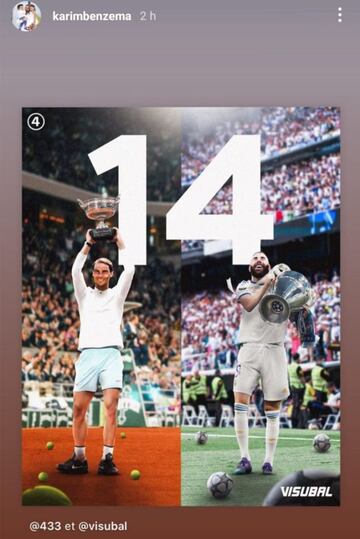El jugador del Real Madrid Karim Benzema felicita a Rafa Nadal por su decimocuarto Roland Garros.