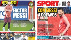 Portadas de Sport y Mundo Deportivo del 6 de noviembre de 2018 con Leo Messi como protagonista antes del encuentro de Champions League entre Inter de Mil&aacute;n y F.C. Barcelona.