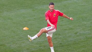 COPENHAGEN, DENMARK - JUNE 17: Eden Hazard of Belgium warms up prior to the UEFA Euro 2020 Championship Group B match between Denmark and Belgium at Parken Stadium on June 17, 2021 in Copenhagen, Denmark. (Photo by Hanna McKay - Pool/Getty Images)