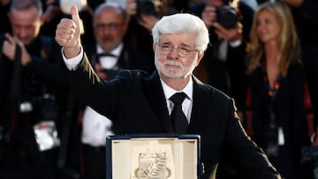 George Lucas poses with the Honorary Palme d'Or award during a photocall after the closing ceremony of the 77th Cannes Film Festival in Cannes, France, May 25, 2024. REUTERS/Yara Nardi