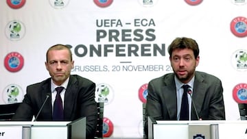 GRAF2666. BRUSELAS, 20/11/2018.- El presidente de la UEFA, Aleksander Ceferin (i), y el presidente de la Asociaci&oacute;n de Clubes Europeos (ECA) y presidente de la Juventus, Andrea Agnelli (d), durante la conferencia de prensa organizada hoy en Brusela