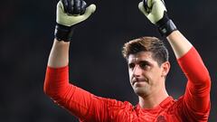 Real Madrid's Belgian goalkeeper Thibaut Courtois celebrates at the end the UEFA Champions League Group F football match between Celtic and Real Madrid, at the Celtic Park stadium, in Glasgow, on September 6, 2022. - Real Madrid won 3 - 0 against Celtic. (Photo by ANDY BUCHANAN / AFP)