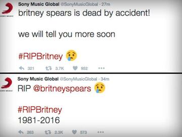 Los mensajes publicados desde el Twitter de Sony Music que anunciaban la muerte de Britney Spears.