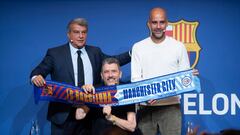 Joan Laporta, Pep Guardiola y Juan Carlos Unzué han presentado esta mañana el partido benéfico contra la ELA que disputarán el Barcelona y el Manchester City. 

