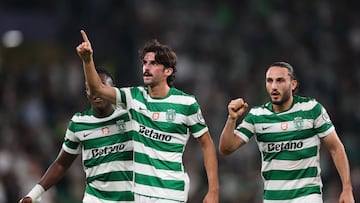 Sporting Lisbon's Portuguese forward #17 Francisco Trincao celebrates after scoring their first goal during the UEFA Champions League first round day 1 football match between Sporting CP and Kairat Almaty at Alvalade stadium in Lisbon on September 18, 2025. (Photo by PATRICIA DE MELO MOREIRA / AFP)