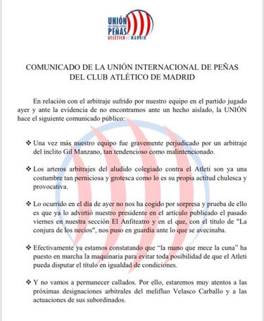Las peñas del Atleti contra Gil Manzano
