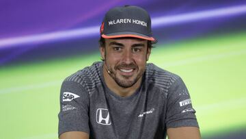 McLaren driver Fernando Alonso of Spain speaks to reporters during a news conference ahead the Bahrain Formula One Grand Prix at the Formula One Bahrain International Circuit in Sakhir, Bahrain, Thursday, April 13, 2017. The Bahrain Formula One Grand Prix will take place on Sunday. (AP Photo/Hassan Ammar)