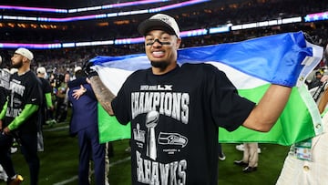 SANTA CLARA, CALIFORNIA - FEBRUARY 8: Jaxon Smith-Njigba #11 of the Seattle Seahawks celebrates after the NFL Super Bowl LX football game against the New England Patriots, at Levi's Stadium on February 8, 2026 in Santa Clara, California. The Seattle Seahawks defeated the New England Patriots 29-13.(Photo by Kevin Sabitus/Getty Images)