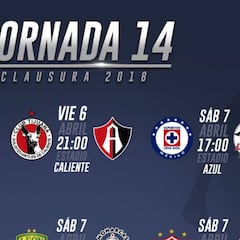 Fechas y horarios de la jornada 14 del Clausura 2018 de la Liga MX
