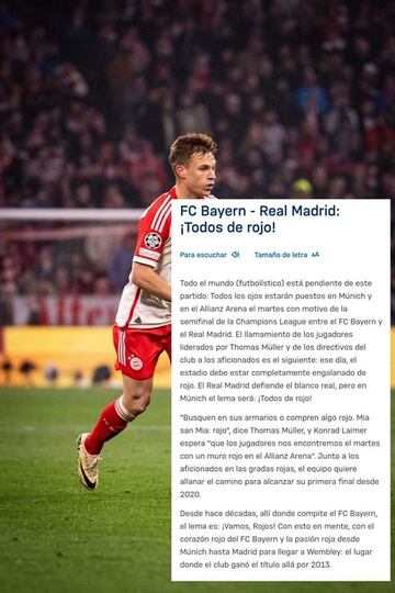 El comunicado del Bayern pidiendo a sus hinchas que vistan de rojo contra el Madrid este martes.