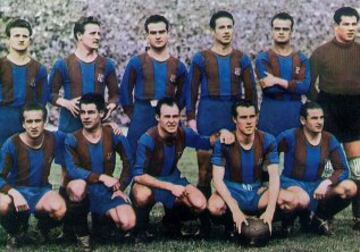 En 1948 tercera liga para el Barcelona. De pie: Golzalvo II, Golzalvo III, El¨ªas, Clavet,Curta y Velasco. Abajo: Basora, Seguer, Badenes y Valle.