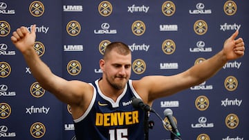 Sep 29, 2025; Denver, CO, USA; Denver Nuggets player Nikola Jokic (15) takes questions during media day at Ball Arena. Mandatory Credit: Isaiah J. Downing-Imagn Images