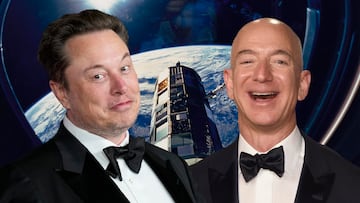 Montaje fotográfico en el que se ve a Elon Musk y Jeff Bezos en su batalla por ser los dueños del espacio.