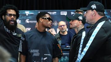 MELBOURNE, AUSTRALIA - OCTOBER 14: Devin Haney (L) and George Kambosos Jnr (R) face-off during the press conference ahead of the World Lightweight Undisputed Championship fight, at Rod Laver Arena on October 14, 2022 in Melbourne, Australia. (Photo by Mikey Williams/Top Rank Inc via Getty Images)