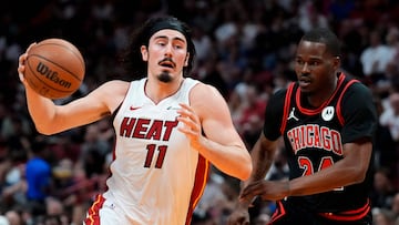 Jaime Jáquez drives the ball in front of Javonte Green in the NBA Eastern Conference Play-In game against the Chicago Bulls.