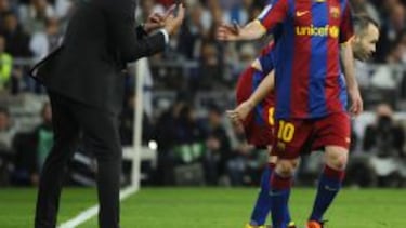Guardiola, con Messi en el Bernabéu.