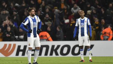 Espanyol's David Lopez, left, reacts after Wolverhampton Wanderers' Diogo Jota scored his side's fourth goal during the Europa League round of 32 match between Wolverhampton Wanderers and Espanyol at the Molineux Stadium, in Wolverhampton, England, Thursd
