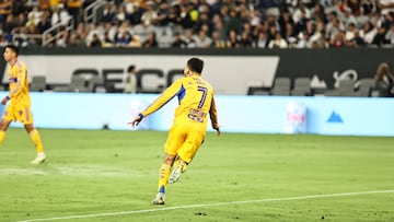 Aug 1, 2025; San Diego, California, USA; Tigres UANL forward Ángel Correa (7) celebrates after scoring a goal in the first half against San Diego FC at Snapdragon Stadium. Mandatory Credit: Julia Kapros-Imagn Images