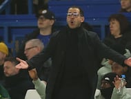 Chelsea's English head coach Liam Rosenior gestures on the touchline during the English Premier League football match between Chelsea and Leeds United at Stamford Bridge in London on February 10, 2026. (Photo by Adrian Dennis / AFP) / RESTRICTED TO EDITORIAL USE. No use with unauthorized audio, video, data, fixture lists, club/league logos or 'live' services. Online in-match use limited to 120 images. An additional 40 images may be used in extra time. No video emulation. Social media in-match use limited to 120 images. An additional 40 images may be used in extra time. No use in betting publications, games or single club/league/player publications. /