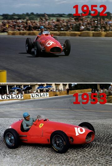 Alberto Ascari obtuvo en 1952 el primero de sus dos títulos mundiales con el Ferrari 500, ganando las seis carreras disputadas en Europa. En la imagen en el circuito de Silverstone, en el GP de Gran Bretaña el 19 de julio. En 1953 conseguiría su segundo campeonato con ese mismo coche. En la imagen en el GP de Francia, Reims-Gueux, el 5 de julio de 1953.