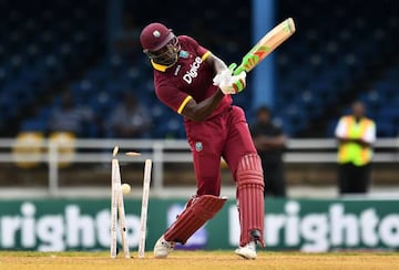 Out! West Indies' captain Carlos Brathwaite's middle stump goes in the T20 meeting with Pakistan.