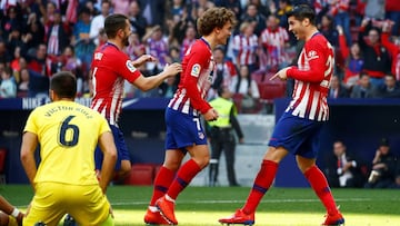 Koke, Griezmann y Morata celebran un gol durante un partido del Atlético contra el Villarreal.