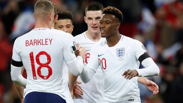 Callum Hudson-Odoi celebra un gol con Ross Barkley.