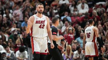 Apr 12, 2024; Miami, Florida, USA; Miami Heat forward Kevin Love (42) reacts to a three-point play against the Toronto Raptors during the second half at Kaseya Center. Mandatory Credit: Jim Rassol-USA TODAY Sports