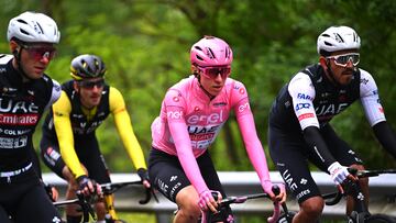 ANDORA, ITALY - MAY 07: (L-R) Tadej Pogacar of Slovenia - Pink Leader Jersey and Juan Sebastian Molano of Colombia and UAE Team Emirates during the 107th Giro d'Italia 2024, Stage 4 a 190km stage from Acqui Terme to Andora / #UCIWT / on May 07, 2024 in Andora, Italy. (Photo by Tim de Waele/Getty Images)
