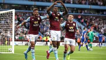 England Premier League - Aston Villa vs Everton
23 August 2019, England, Birmingham: Aston Villa's Wesley (C) celebrates scoring his side's first goal of the game with Trezeguet (L) and John McGinn during the English Premier League soccer mat