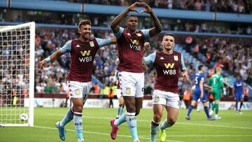 England Premier League - Aston Villa vs Everton
 
 23 August 2019, England, Birmingham: Aston Villa&#039;s Wesley (C) celebrates scoring his side&#039;s first goal of the game with Trezeguet (L) and John McGinn during the English Premier League soccer mat