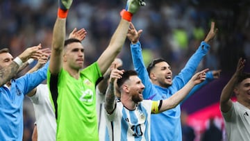 LUSAIL CITY, QATAR - DECEMBER 13: Lionel Messi of Argentina celebrates with teammates after the FIFA World Cup Qatar 2022 semi final match between Argentina and Croatia at Lusail Stadium on December 13, 2022 in Lusail City, Qatar. (Photo by Alex Livesey - Danehouse/Getty Images)