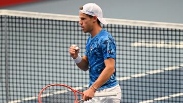 VIENNA, AUSTRIA - OCTOBER 28: Diego Schwartzman or Argentinia reacts in his match against Gael Monfils of France during day six of the Erste Bank Open tennis tournament at Wiener Stadthalle on October 28, 2021 in Vienna, Austria. (Photo by Thomas Kronstei