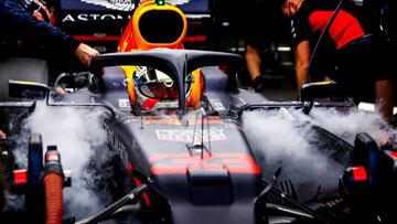 BARCELONA, SPAIN - AUGUST 15: Max Verstappen of Netherlands and Red Bull Racing in the garage during qualifying for the F1 Grand Prix of Spain at Circuit de Barcelona-Catalunya on August 15, 2020 in Barcelona, Spain. (Photo by Mark Thompson/Getty Images)