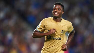 Ansu Fati of FC Barcelona celebrates after scoring goal during the La Liga match between Real Sociedad and FC Barcelona played at Reale Arena Stadium on August 21, 2022 in San Sebastian, Spain. (Photo by Cesar Ortiz / Pressinphoto / Icon Sport)