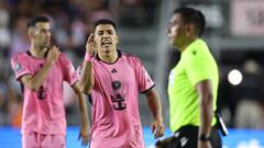 FORT LAUDERDALE, FLORIDA - APRIL 03: Luis Su�rez #9 of Inter Miami reacts during the second half against Monterrey in the quarterfinals of the Concacaf Champions Cup - Leg One at Chase Stadium on April 03, 2024 in Fort Lauderdale, Florida.   Megan Briggs/Getty Images/AFP (Photo by Megan Briggs / GETTY IMAGES NORTH AMERICA / Getty Images via AFP)