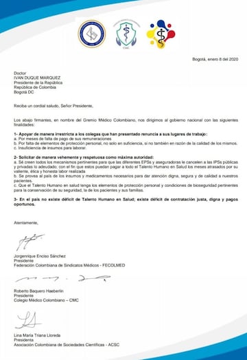 Carta del Gremio Médico Colombiano enviada al presidente Iván Duque