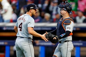 Detroit Tigers pitcher Beau Brieske (4) and catcher Jake Rogers (34) celebrate after defeating the Cleveland Guardians during game two